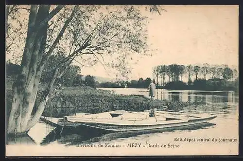 AK Mézy, Bords de Seine avec barque et paysage bucolique