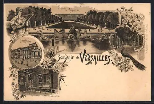 Lithographie Versailles, Souvenir avec le Bassin d`Apollon et le Palais du Trianon