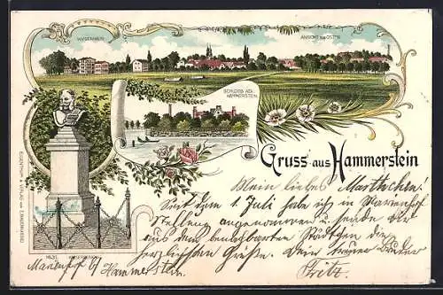 Lithographie Hammerstein, Schloss Adl. Hammerstein, Kaiserdenkmal, Ortsansicht mit Waisenhaus