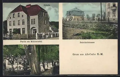 AK Alt-Carbe /N.-M., Schule, Bahnhofstrasse, Partie am Mühlenteich