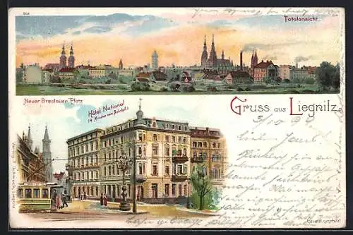 Lithographie Liegnitz, Hotel National, Neuer Breslauer Platz, Totalansicht, Strassenbahn