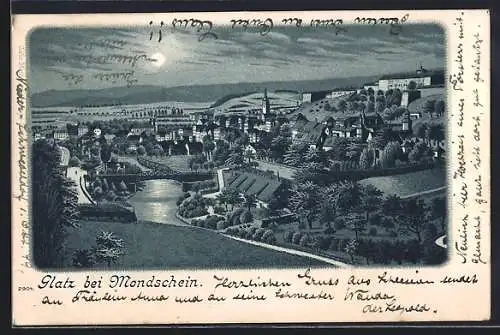 Lithographie Glatz, Ortsansicht im Mondschein