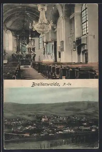 AK Breitenwaida /N.-Oe., Inneres der Kirche und Ortsansicht