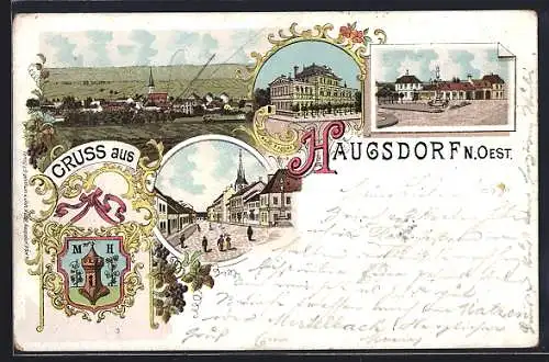 Lithographie Haugsdorf /N. Oest., Hauptplatz, Teilansicht und Strassenpartie