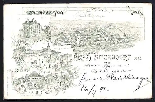 Lithographie Sitzendorf /N. Ö., Schule, Marktplatz mit Kirche, Kaiser Jubiläums Anlage