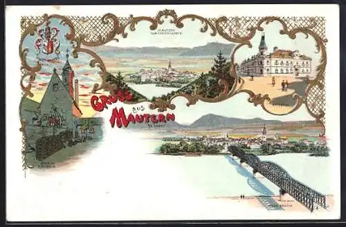 Lithographie Mautern /Donau, Ansicht von oben, Stadt-Wappen, Brücke