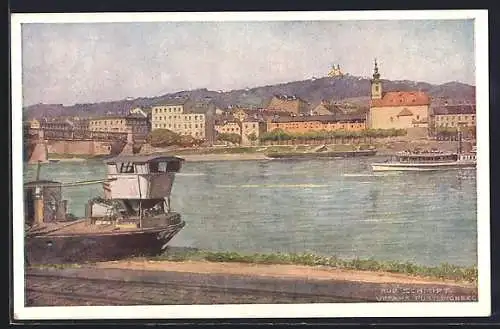 Künstler-AK Linz-Urfahr, Teilansicht mit Pöstlingberg und Donau, von Rud. Schmidt