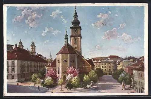 AK Linz, Pfarrplatz mit Kirche und Litfasssäule