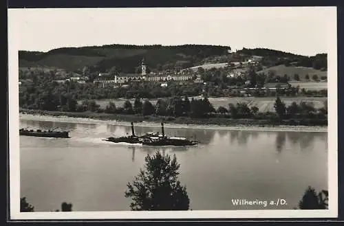 AK Wilhering an der Donau, Ortsansicht über den Fluss hinweg mit der Zisterzienserabtei u. Seitenraddampfer