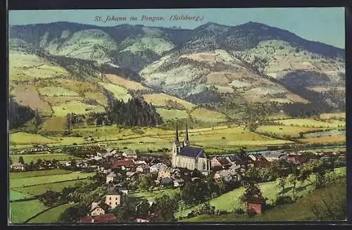 AK St. Johann im Pongau, Gesamtansicht mit Fluss und Bergen aus der Vogelschau