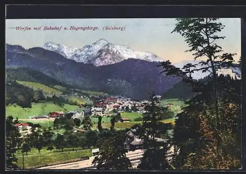 AK Werfen /Salzburg, Blick auf Bahnhof u. Hagengebirge