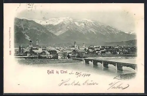 AK Hall in Tirol, Panorama mit Brücke und Bergen