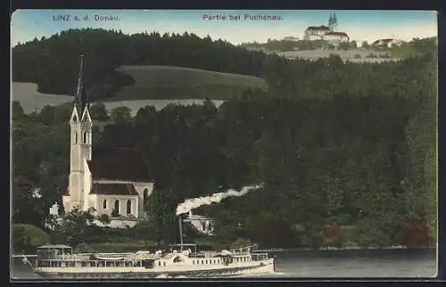 AK Linz a. d. Donau, Kirche und Partie bei Puchenau