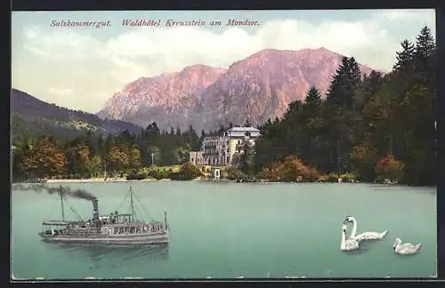 AK Mondsee, Waldhotel Kreuzstein mit Dampfer