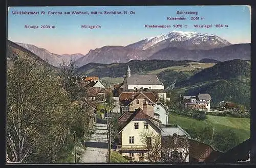 AK St. Corona am Wechsel /N.-Ö., Ortsansicht mit Raxalpe, Mittagstein, Klosterwappen, Schneeberg