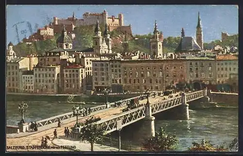 Künstler-AK Salzburg, Stadtbrücke mit der Festung