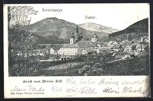 AK Maria Zell, Ortsansicht mit Gemeindealpe und Ötscher