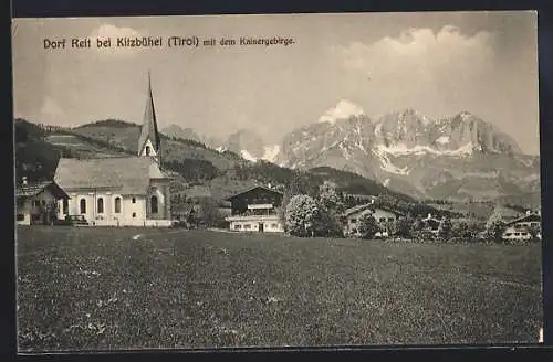 AK Reith bei Kitzbühel, Kirche mit dem Kaisergebirge