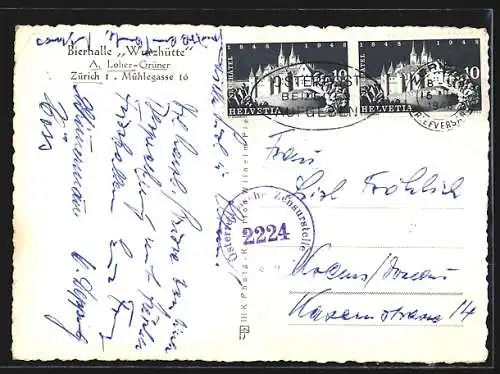 AK Zürich, Bierhalle Wurzhütte, Mühlegasse 16, Bes. A. Giezendanner