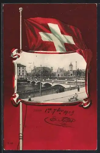 Lithographie Zürich, Brücke mit Strassenbahn, Schweizer Flagge, Passepartout