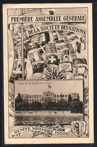 AK Genève, Première Assemblée Générale de la Société des Nations 1920, Palais de la Société des Nations, Flaggen