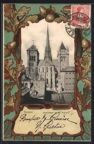 Lithographie Genève, Cathédrale de St. Pierre, Eichenzweige, Passepartout