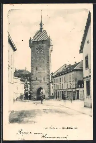 AK Baden, Stadtturm mit Strassenpartie