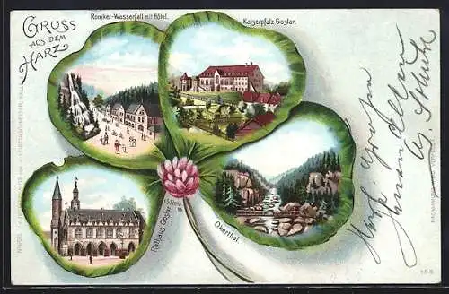 Passepartout-Lithographie Goslar, Romker-Wasserfall, Kaiserpfalz, Rathaus in einem Kleeblatt