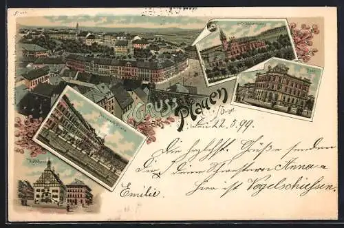 Lithographie Plauen / Vogtland, Gasthof Schützenhaus, Rathaus, Post