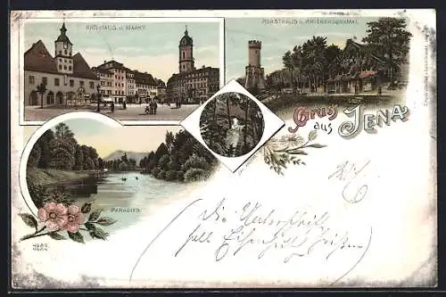 Lithographie Jena, Rathaus und Markt, Forsthaus und Kriegerdenkmal