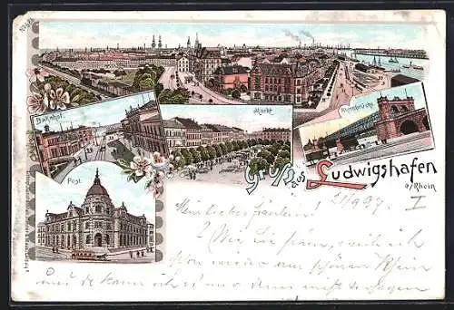 Lithographie Ludwigshafen a. Rh., Ortsansicht, Bahnhof, Markt, Rheinbrücke, Post