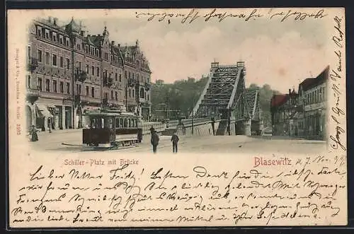 AK Dresden-Blasewitz, Schiller-Platz mit Brücke und Strassenbahn