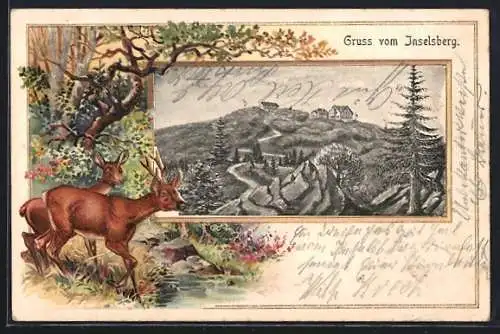 Passepartout-Lithographie Inselsberg, Blick auf den Berg, Rehe