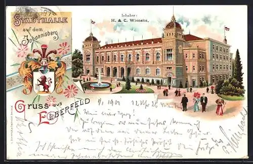 Lithographie Elberfeld, Stadthalle auf dem Johannisberg mit Wappen