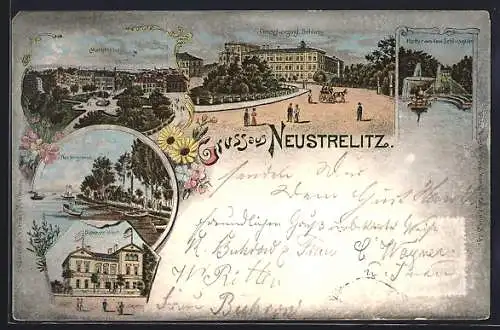 Lithographie Neustrelitz, Bahnhofs-Hotel, Grossherzogliches Schloss, Marktplatz