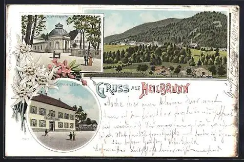 Lithographie Bad Heilbrunn, Adelhaidquelle, Gasthaus v. J. Eberl