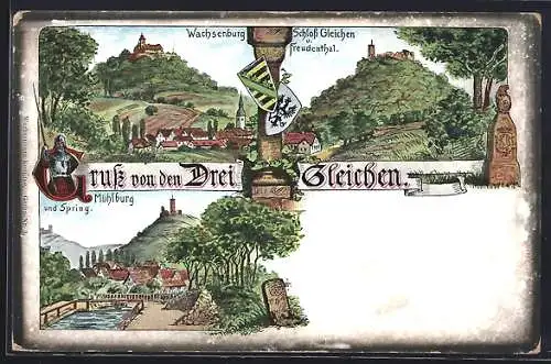 Lithographie Wachsenburg, Schloss Gleichen und die Mühlburg