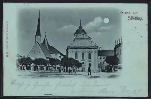 Mondschein-AK Altötting, Kirche und Rathaus