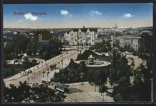 AK Dresden, Blick auf den Albertplatz mit Strassenbahn