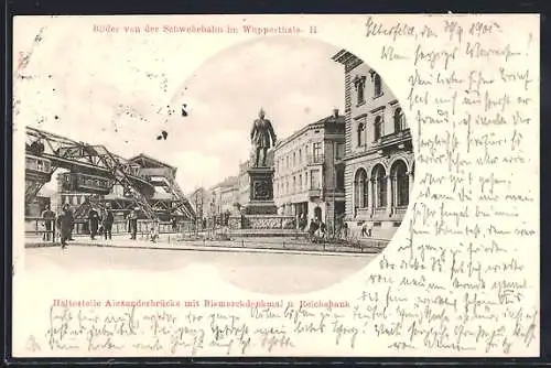 AK Wuppertal, Haltestelle Alexanderbrücke mit Bismarckdenkmal und Reichsbank