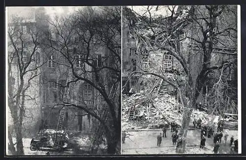 AK Stuttgart, Brand des Alten Schlosses 1931, vor & nach dem Einsturz