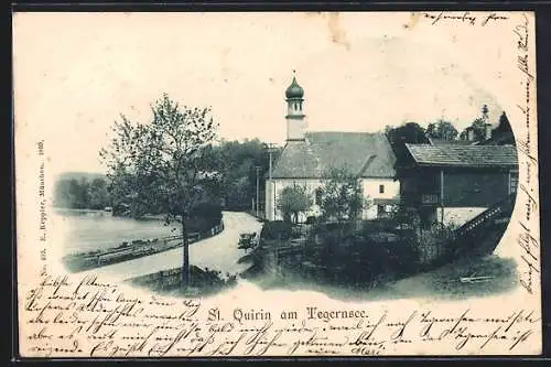 AK St. Quirin am Tegernsee, Strassenpartie mit Kirche