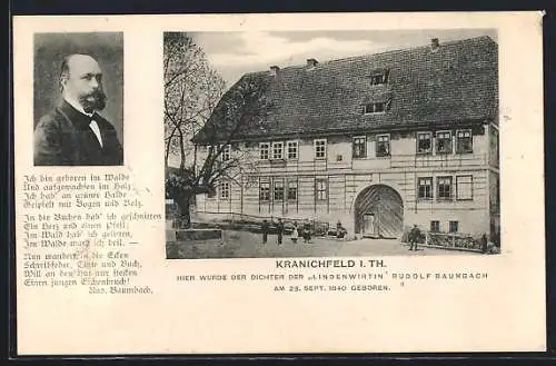 AK Kranichfeld i. Th., Geburtshaus des Dichters der Lindenwirtin Rudolf Baumbach