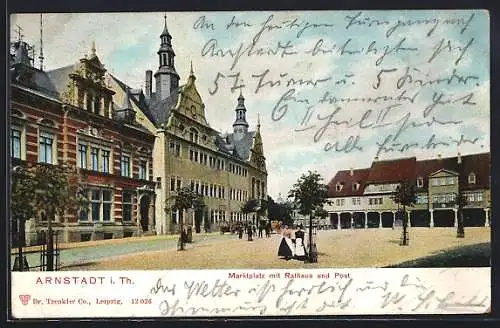 AK Arnstadt i. Th., Marktplatz mit Rathaus und Post