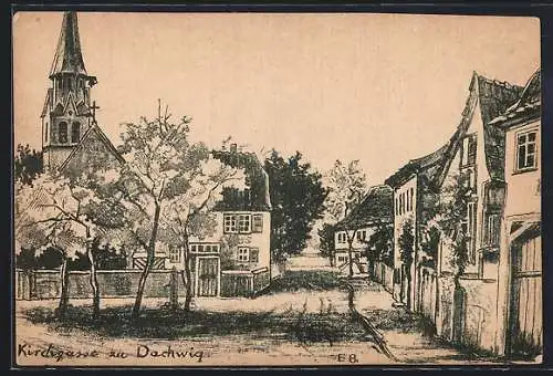 Lithographie Dachwig, Strasse Kirchgasse mit Kirche