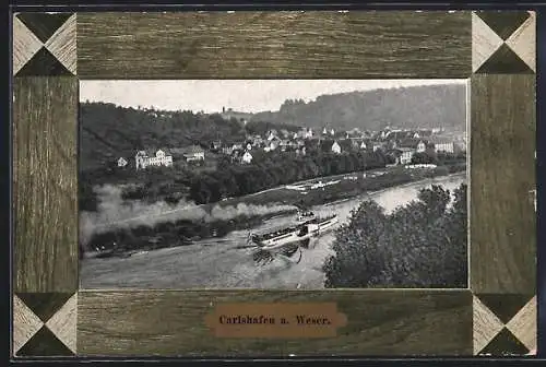 AK Carlshafen a. Weser, Teilansicht mit Dampfer, Passepartout