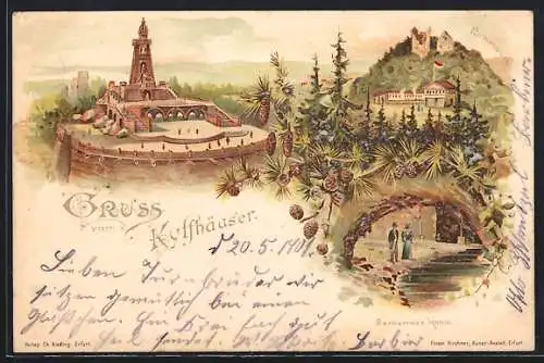 Lithographie Kyffhäuser, Kaiser Wilhelm-Denkmal, Barbarossa-Höhle und Rothenburg