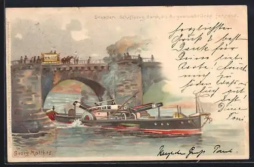 Lithographie Dresden, Schiffszug durch die Augustusbrücke