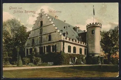 AK Oeslau, Schloss Rosenau mit Garten, Turm mit Fahne