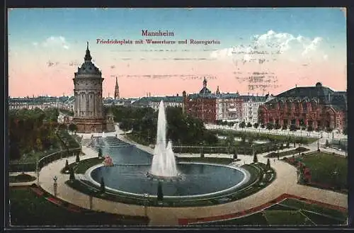 AK Mannheim, Friedrichsplatz mit Wasserturm und Rosengarten von einer Anhöhe aus gesehen